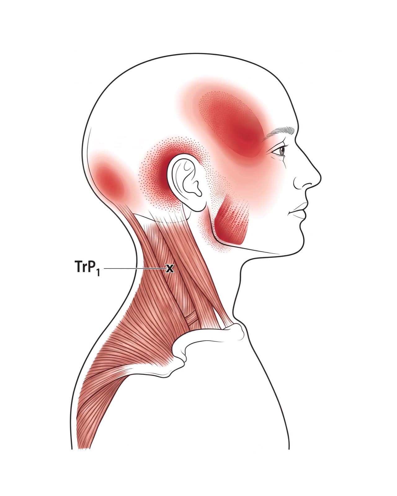 Anatomische tekening van een triggerpoint in de nekspier, met in rood de zones op hoofd en kaak waar de pijn naartoe uitstraalt